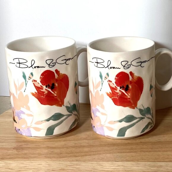 ANTHROPOLOGIE Brynne "Bloom & Grow'' Coffee Mug - Set of 2, Purple Leave, Red Fl - Picture 1 of 7